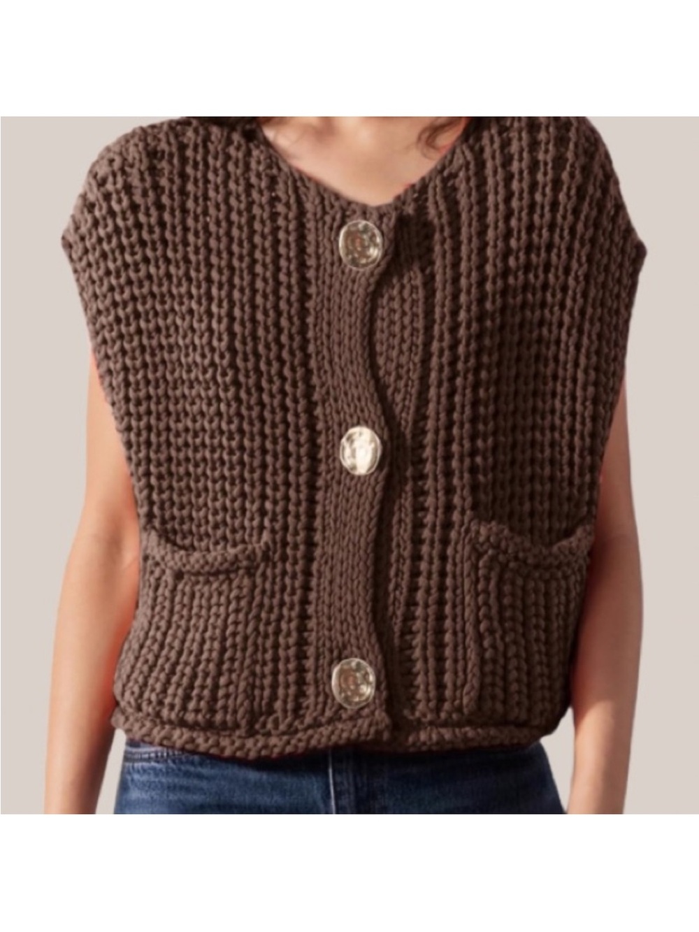 House of Harlow 1960 Chunky Brown Knit Button-Front Vest